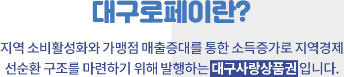 대구로페이란? 지역 소비활성화와 가맹점 매출증대를 통한 소득증가로 지역경제 선순환 구조를 마련하기 위해 발행하는 대구사랑상품권입니다.